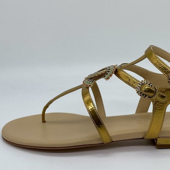 CHANEL 19A Leather CC Logo Thong T Strap Flat Gladiator Sandals Shoes - Picture 2 of 13